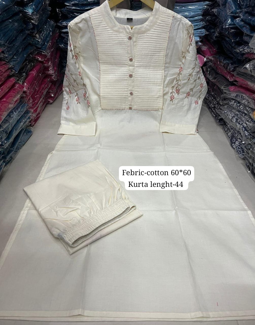 White  Kurti Pant Set with Embroidery & Pintex Detailing